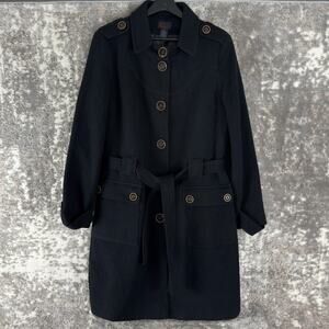 Via Size 12 Wool Blend Button Trench Coat Black Tie Collar Long Sleeve Outdoor